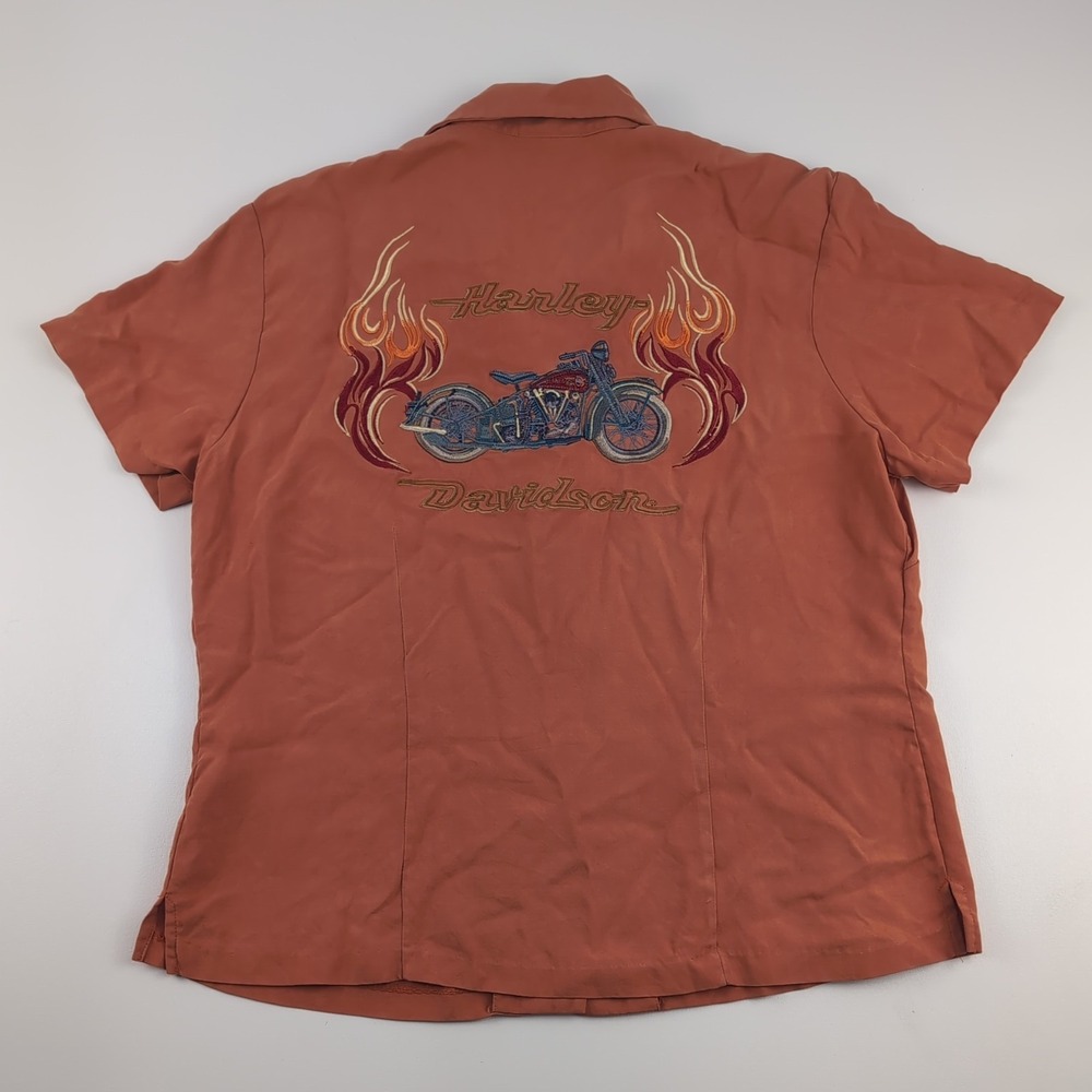 Harley-Davidson Tori Richard Womens M Silk Embroidered Camp Shirt Burnt Orange